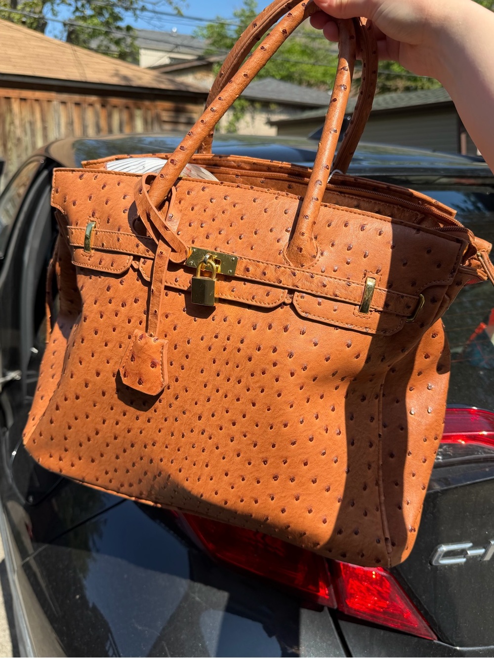 Tan Ostrich-Texture Satchel Handbag Large